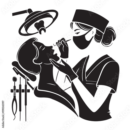 Dentist Silhouette Vector Illustration, Solid White Background.