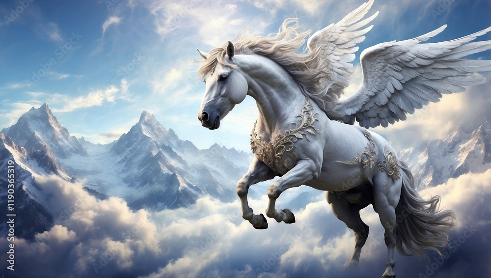 Fototapeta premium Snow-Capped Mountains and Winged Pegasus 