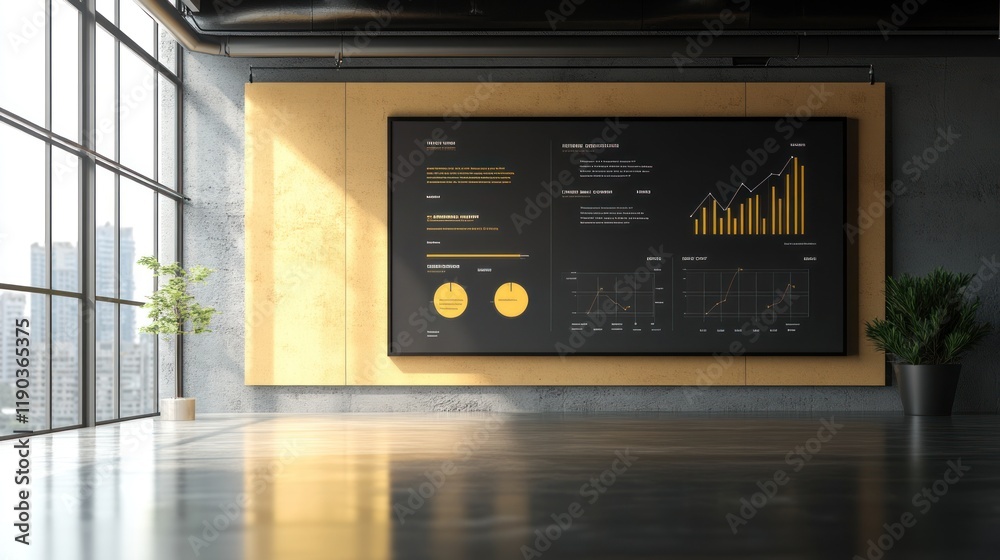 Modern office with large screen displaying financial data and graphs. Modern office with large screen displaying financial data and graphs.