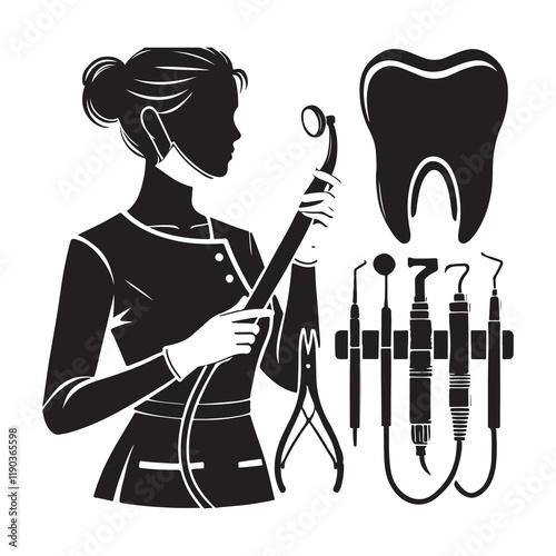 Dentist Silhouette Vector Illustration, Solid White Background.