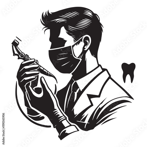 Dentist Silhouette Vector Illustration, Solid White Background.