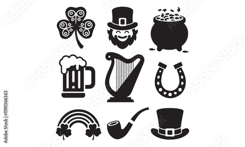 A fun collection of St. Patrick's Day icons featuring shamrocks, leprechaun hats, beer mugs, horseshoes, and Irish designs