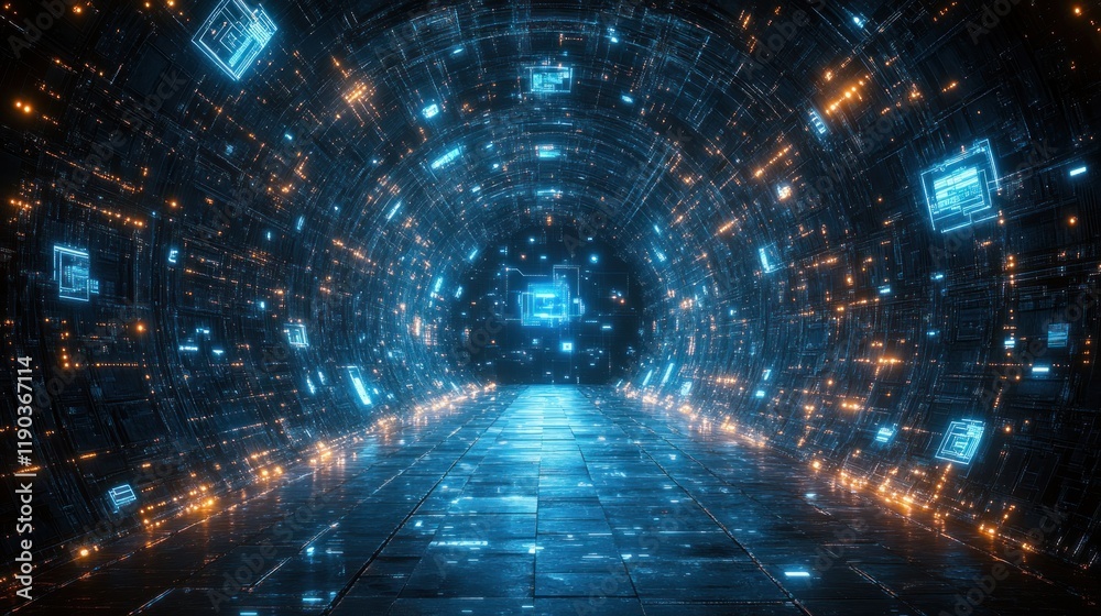 Fototapeta premium Futuristic digital tunnel with glowing data streams.