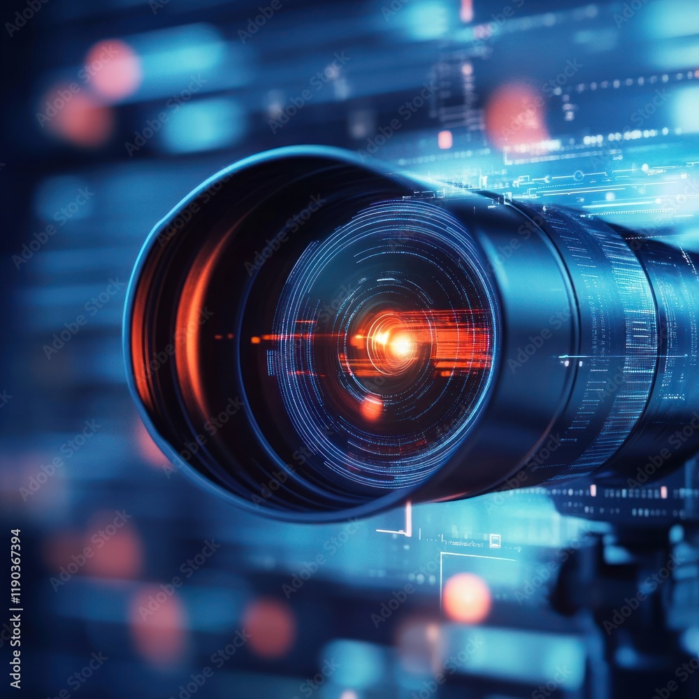 Futuristic camera lens with digital interface overlay. Futuristic camera lens with digital interface overlay.