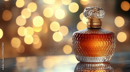 Elegant Perfume Bottle, Golden Amber Fragrance, Luxurious Scent, Sparkling Background photo