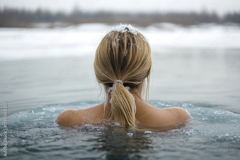 Fototapeta premium Serene figure immersed in icy water, surrounded by tranquil wint