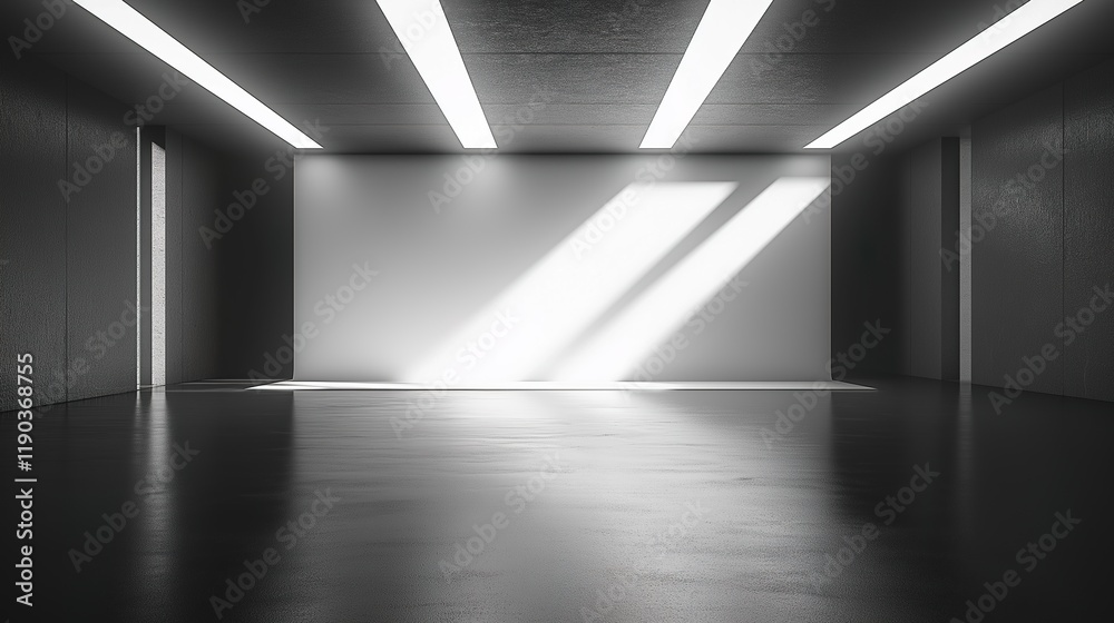 Minimalist studio with smooth grey floor and white cyc wall, dramatically lit by spotlights creating a subtle gradient effect. A perfect space for photography and creative projects