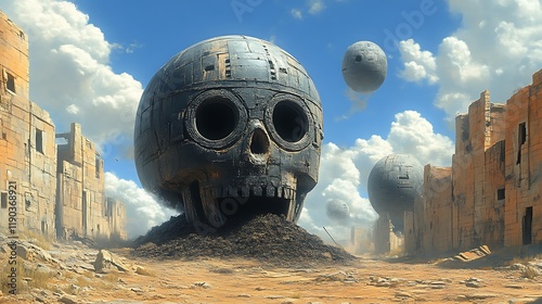 Desolate Skull Shaped Sphere In A Ruined Cityscape