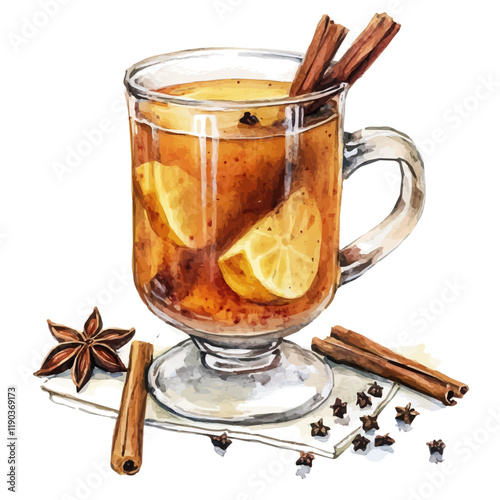 A watercolor vector of a hot spiced cider with cinnamon sticks and orange slices, isolated on a white background. Hot spiced cider vector.
