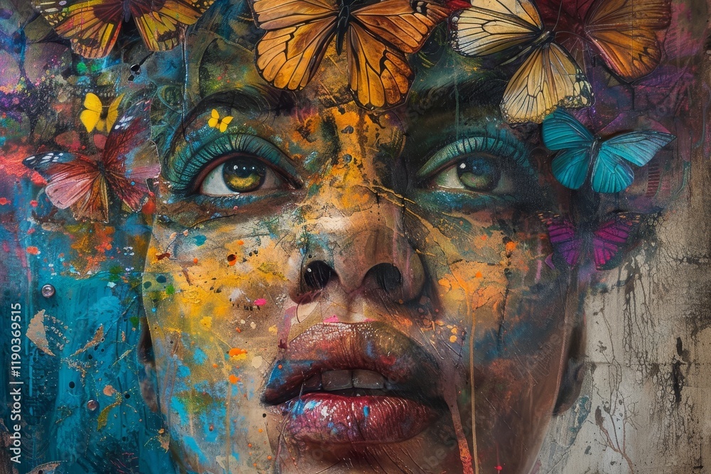 A close-up abstract painting of a womans face with colorful butterflies and paint splatters, Imagine the possibilities and potential for growth in a collaborative art project A close-up abstract painting of a womans face with colorful butterflies and paint splatters, Imagine the possibilities and potential for growth in a collaborative art project
