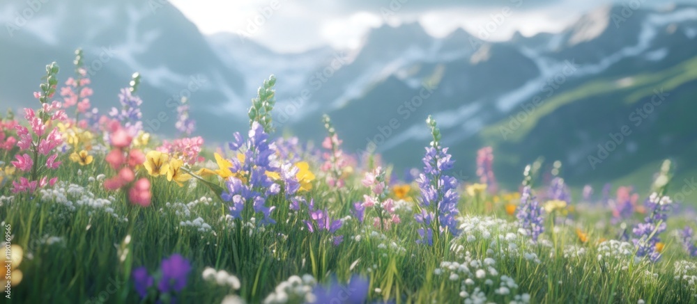 Vibrant wildflowers bloom in a lush alpine meadow, set against a majestic mountain backdrop bathed in soft sunlight.