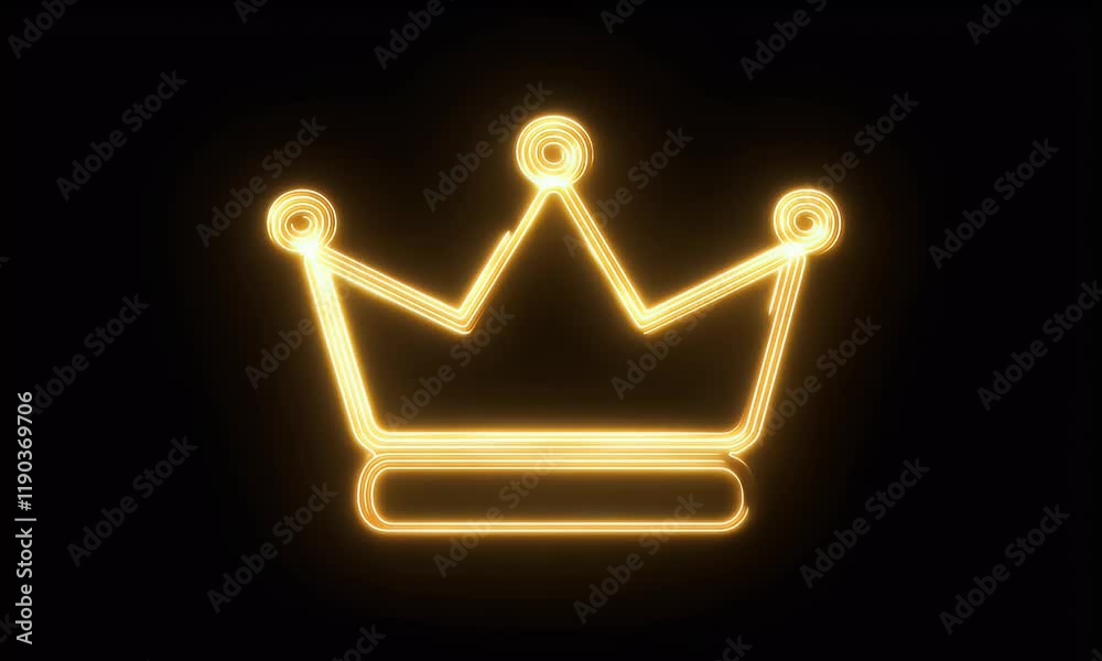 minimalist glowing neon crown icon in golden yellow, shining on a black backdrop
