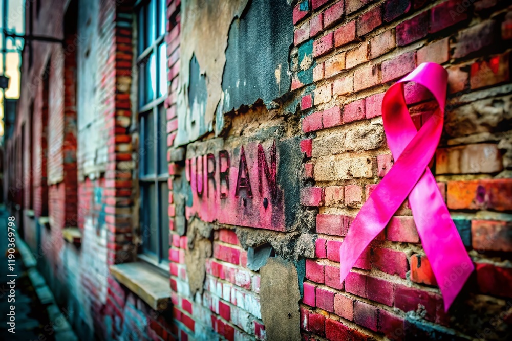 Fototapeta premium Abandoned Urban Building, Pink Ribbon, Breast Cancer Awareness Background, Text Overlay Space