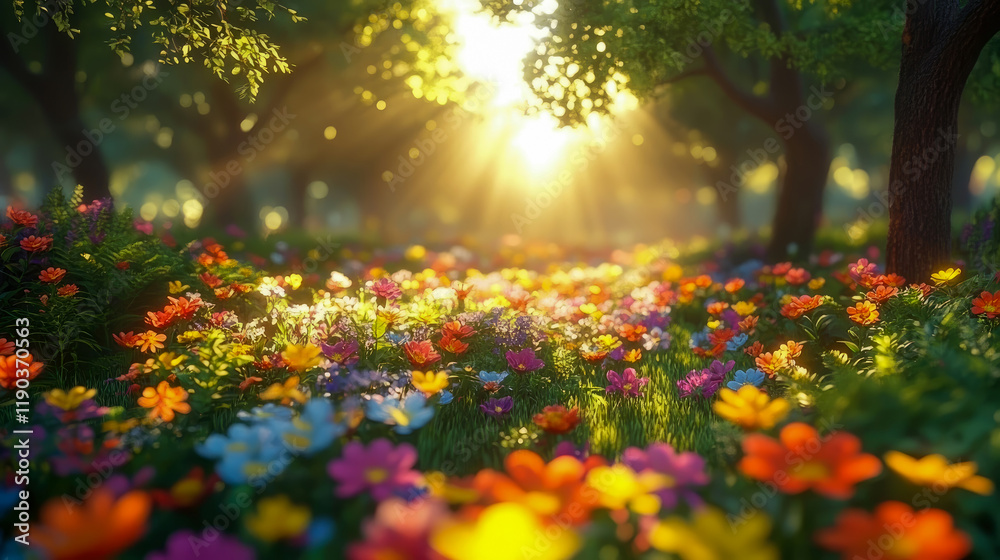 Obraz premium Sunlit Meadow: A Vibrant Tapestry of Blossoms in a Tranquil Grove