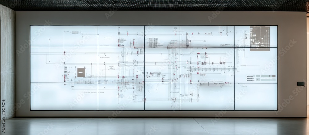 Large backlit display panel showing a complex diagram or network. Large backlit display panel showing a complex diagram or network.