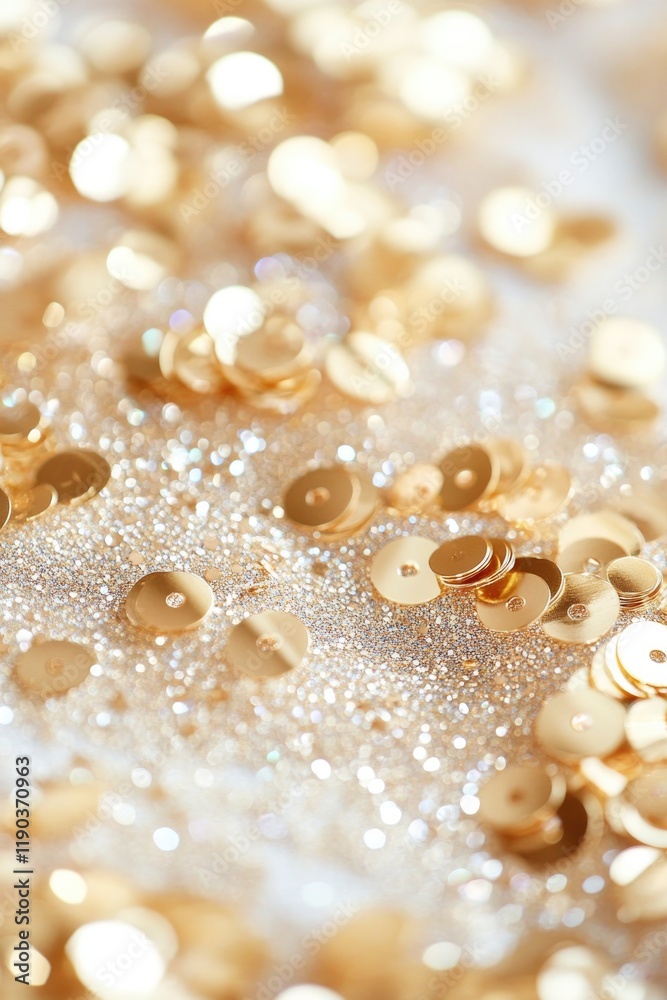 Sparkling golden sequins scattered on soft, shimmering surface c Sparkling golden sequins scattered on soft, shimmering surface c