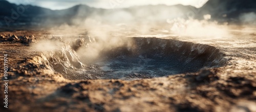 Steaming geothermal crater in a volcanic landscape.