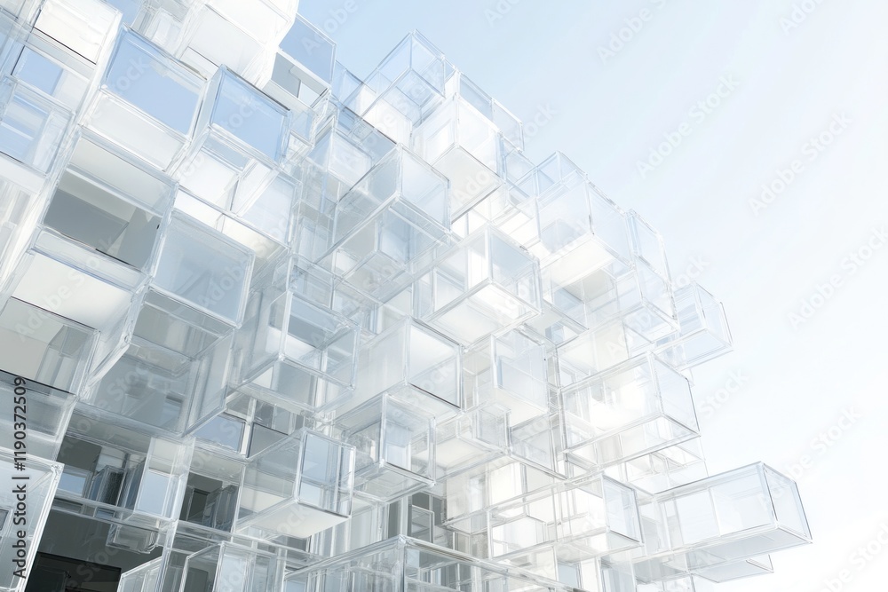 Obraz premium Abstract architectural rendering of a futuristic glass building with numerous interconnected cubes against a bright sky.