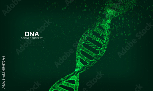 Abstract binary DNA structure. 3D digital genetic model constructed with numbers one and zero. Scientific background for genetics, biotechnology and medical research. Vector illustration.