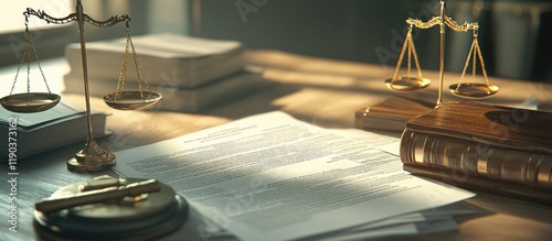 Legal documents, scales of justice, and law books on a wooden desk.
