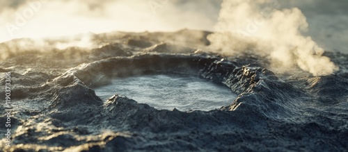 Steaming geothermal pool in volcanic landscape.