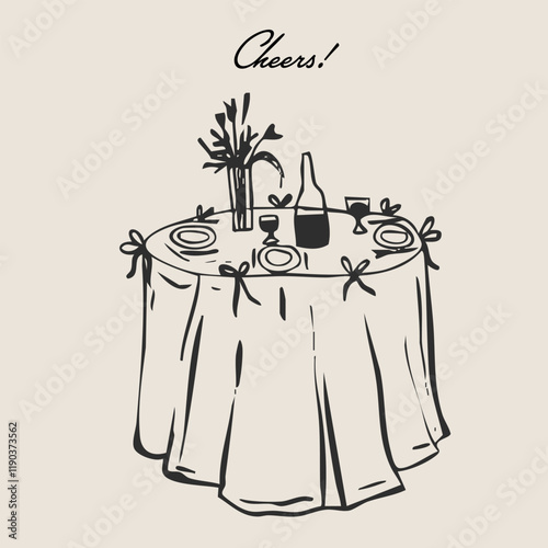 Wedding hand drawn cheers table decoration illustration in vintage retro sweet la dolce vita holiday party printable menu, invitation, poster art.