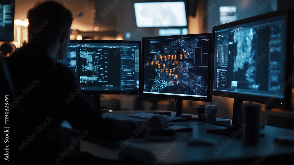 Hacker monitoring multiple screens displaying data visualizations in a dark room. Hacker monitoring multiple screens displaying data visualizations in a dark room.