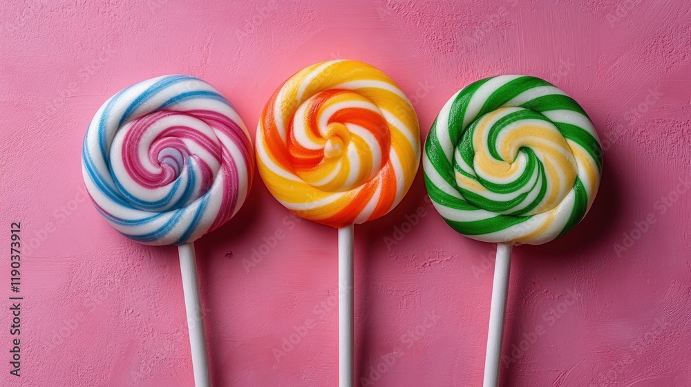 Three colorful swirled lollipops on pink background. Three colorful swirled lollipops on pink background.
