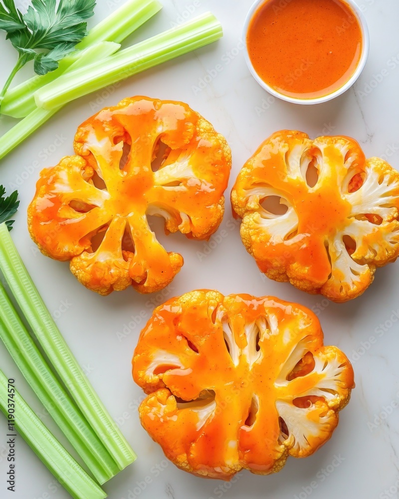Boldly colored cauliflower slices coated in spicy sauce with fre Boldly colored cauliflower slices coated in spicy sauce with fre