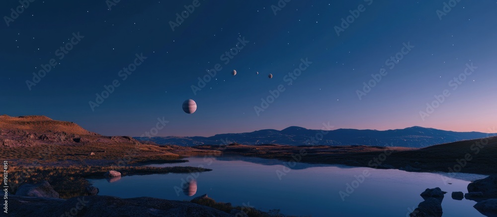Serene alien landscape at twilight with floating celestial bodies reflecting in a calm lake. Serene alien landscape at twilight with floating celestial bodies reflecting in a calm lake.