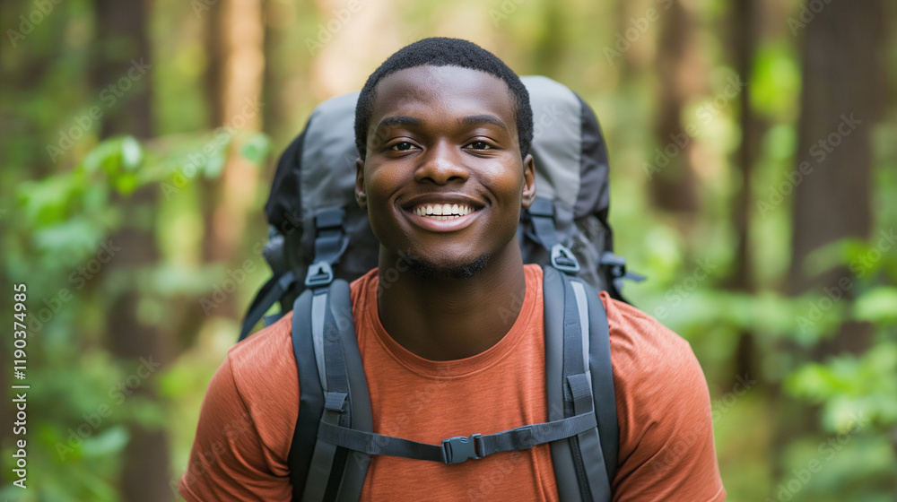 African American hiker smiling in forest setting. Perfect for outdoor recreation, adventure tourism, or active lifestyle brands