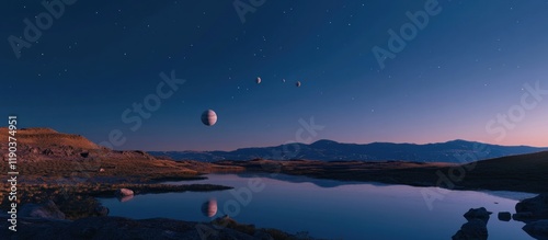 Serene alien landscape at twilight with floating celestial bodies reflecting in a calm lake.