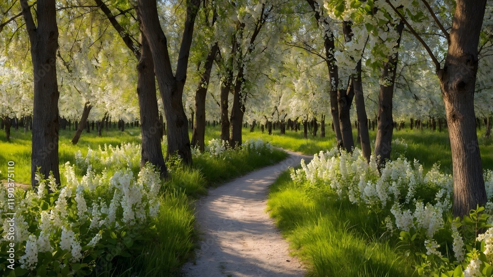 Naklejka premium Blossoming Bird Cherry Grove with Radiant Spring Pathway