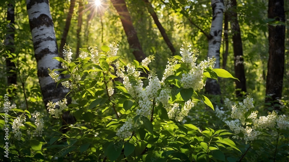 Fototapeta premium Sunlight Breaking Through the Canopy on a Bird Cherry Tree in the Forest