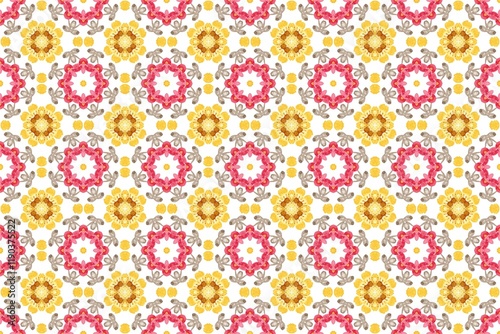 Yellow and Pink Mandala Floral Watercolor Seamless Pattern.