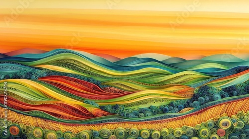 Vibrant rolling hills blend warm tones, creating serene sunset l