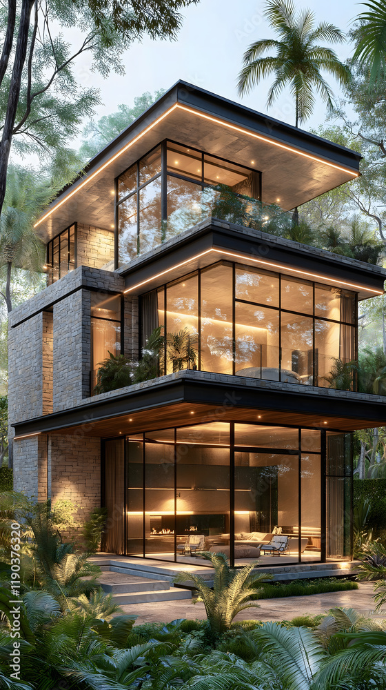 Fototapeta premium Modern glass house nestled in tropical greenery with sleek architectural design and ambient lighting
