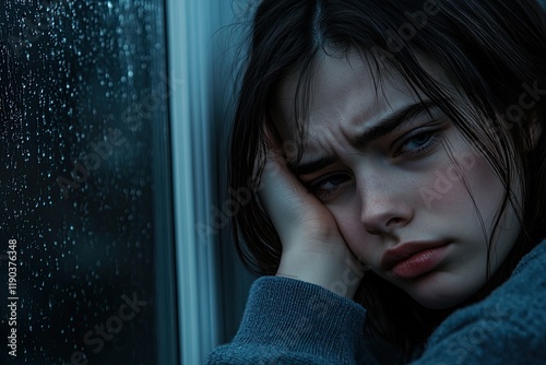 Melancholic expression captured through raindrops on window, dee