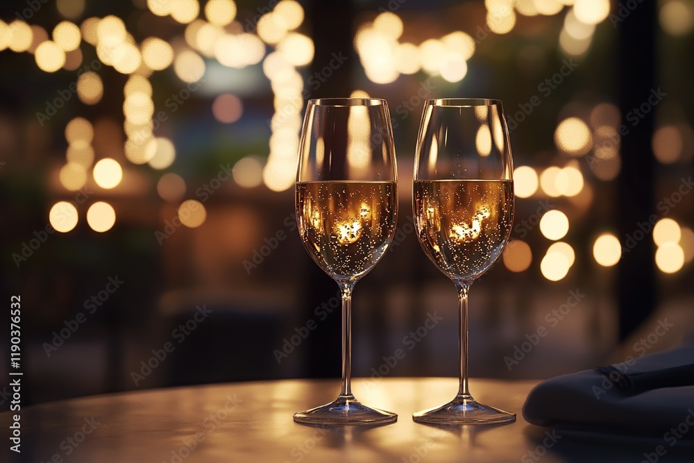 Two Sparkling Wine Glasses Reflecting Festive Lights at Night Two Sparkling Wine Glasses Reflecting Festive Lights at Night