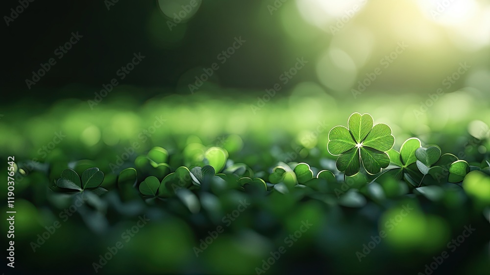 Sunlit Clover Field with a Single Shamrock, A serene clover field illuminated by soft sunlight, with a single shamrock standing tall in focus against a blurred natural background.
Sunlit Clover Field with a Single Shamrock, A serene clover field illuminated by soft sunlight, with a single shamrock standing tall in focus against a blurred natural background.