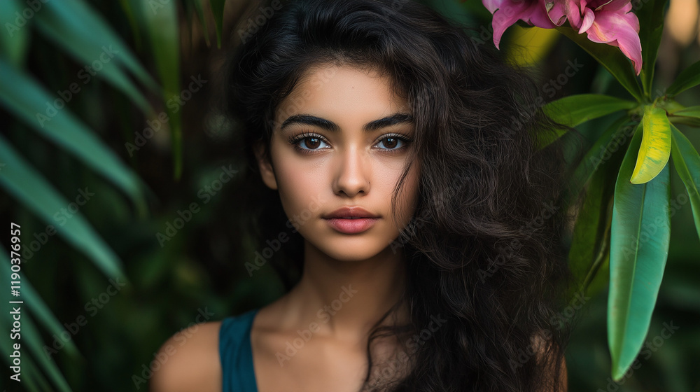 Fototapeta premium Young woman with exotic features among tropical plants. Ideal for natural beauty, botanical fashion, or tropical lifestyle
