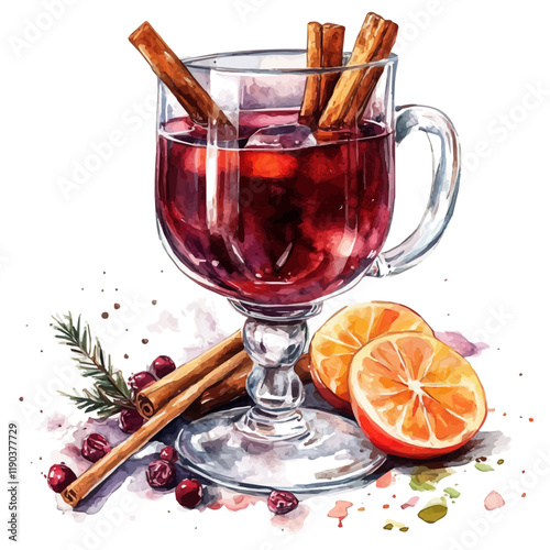 A watercolor of a cup of hot mulled wine with cinnamon sticks and orange slices, isolated on a white background. Hot mulled wine vector.
