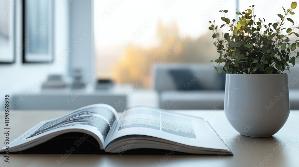 Open book and plant on table, blurred living room background. Open book and plant on table, blurred living room background.