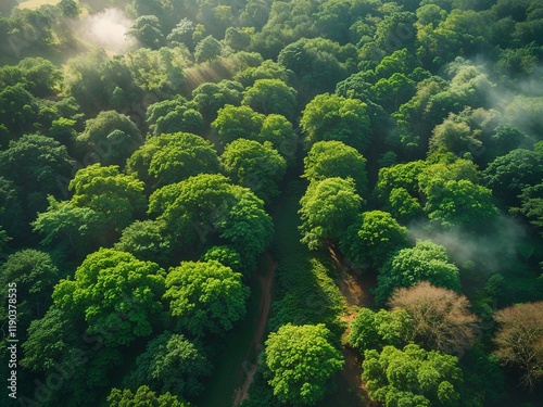 Aerial view of a lush, vibrant green forest, with sunlight filtering through the canopy, casting dappled shadows on the forest floor, and a subtle mist rising from the treetops, capturing the serene a photo