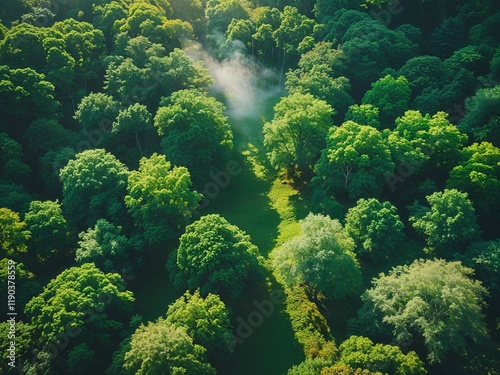 Aerial view of a lush, vibrant green forest, with sunlight filtering through the canopy, casting dappled shadows on the forest floor, and a subtle mist rising from the treetops, capturing the serene a photo