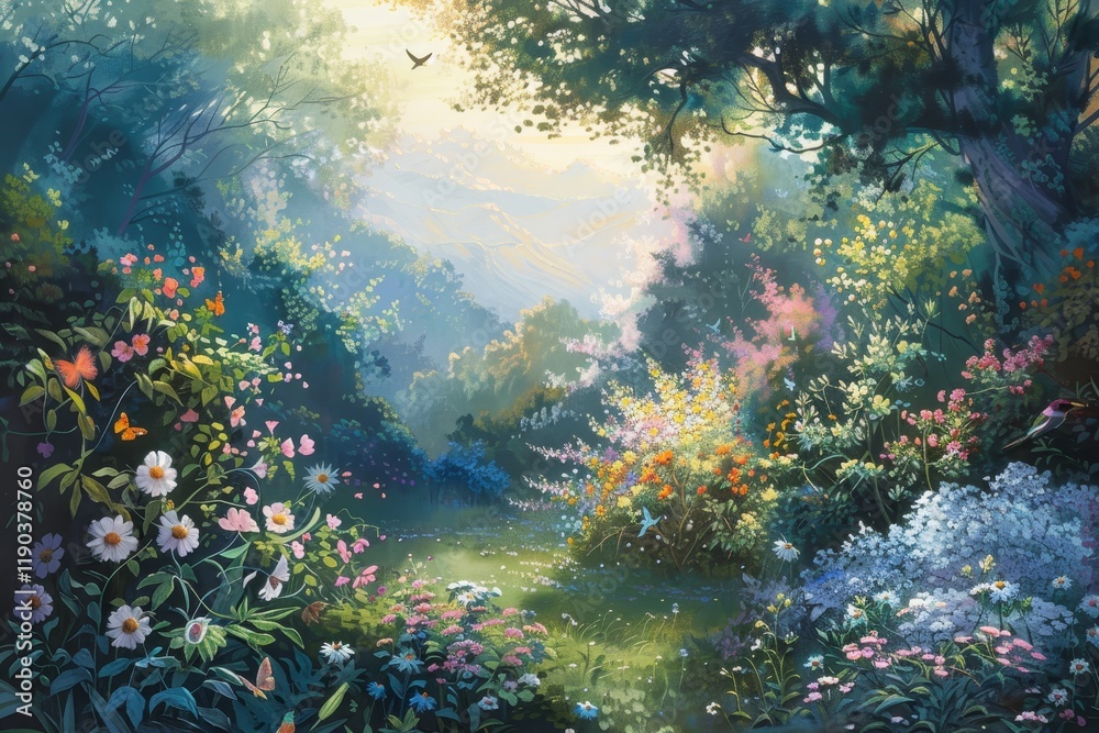 Obraz premium Sunlit Garden Path Through a Tranquil Forest, A peaceful landscape featuring a sunlit garden filled with flowers and birds, expressing a sense of calm and serenity