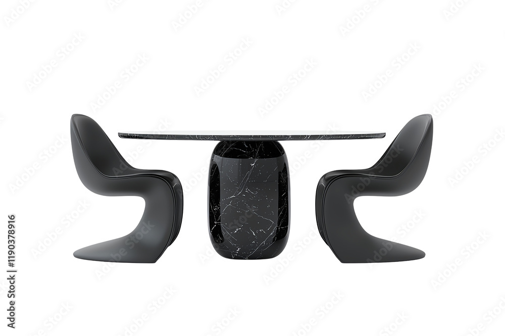 Fototapeta premium A stylish dining table paired with elegant chairs, showcasing a modern design with sleek curves and a polished finish.