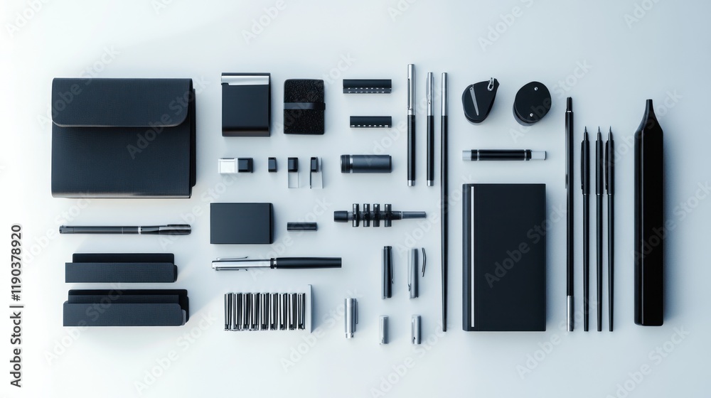 Flat lay of black stationery and office supplies on white background. Flat lay of black stationery and office supplies on white background.