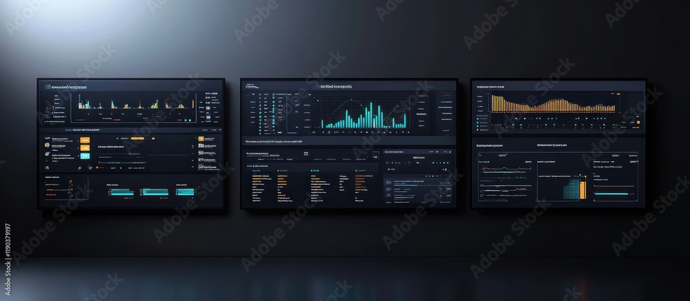 Dark themed data visualization dashboards with graphs and charts displayed on three screens. Dark themed data visualization dashboards with graphs and charts displayed on three screens.