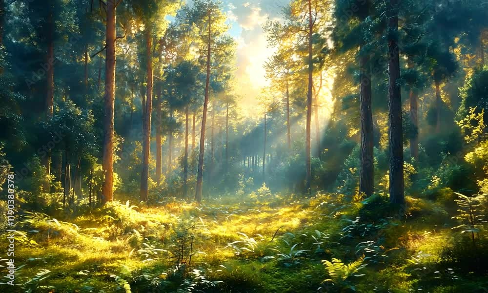 Sunlit Forest Path: A Serene Sunrise Scene Sunlit Forest Path: A Serene Sunrise Scene